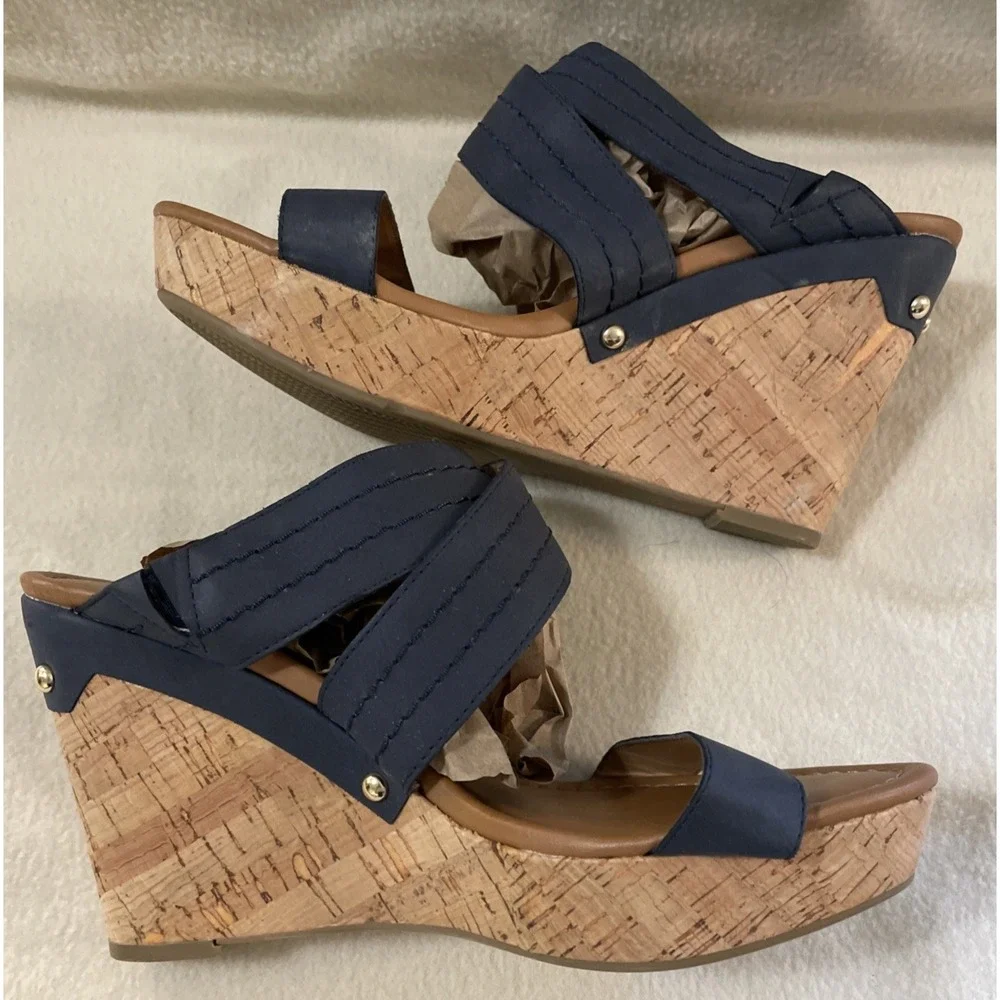 Tommy Hilfiger Women's Size 10 Blue Strappy Cork Wedge Sandals Platform Buckle